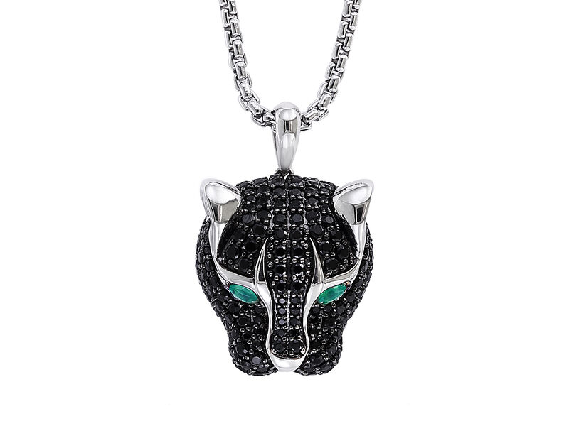 EFFY Men's Black Spinel Panther Pendant with Green Onyx Eyes in Sterling Silver image number null
